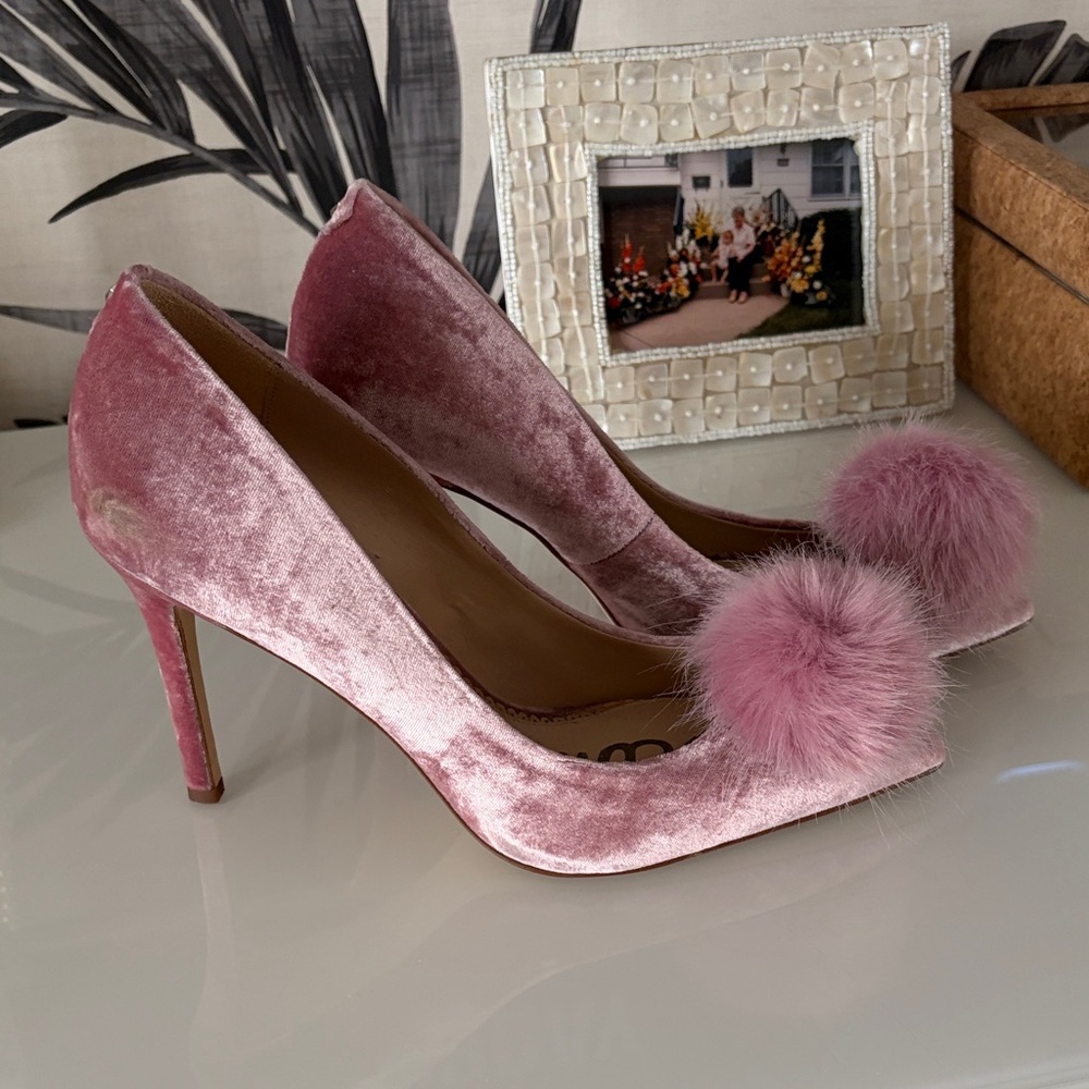Sam Edelman Pink Velvet Pom-Pom Pumps